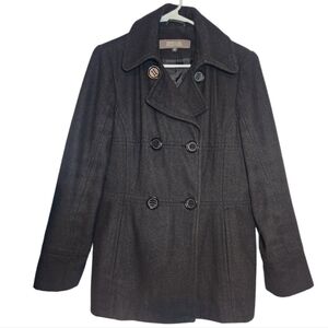 Kenneth Cole Reaction Womens Double Breasted Wool Blend Black Pea Coat Size 12P